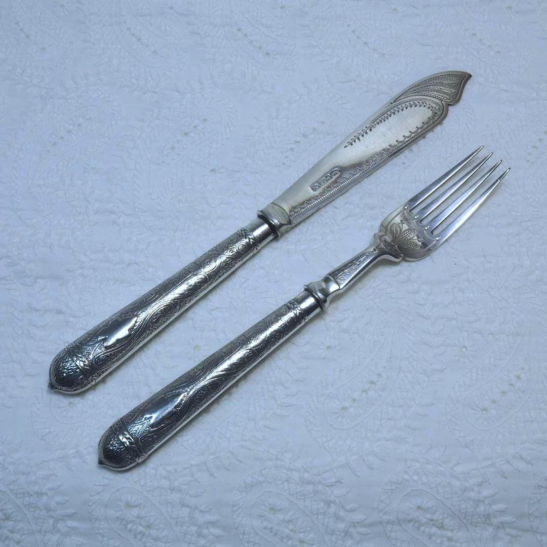 英国アンティーク『純銀P フィッシュナイフ＆フォーク』1865年　ヴィクトリア朝