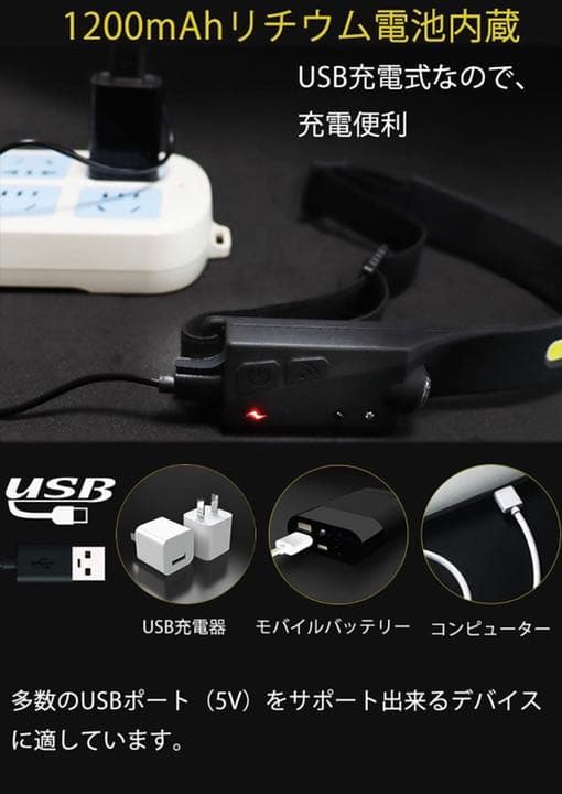 ヘッドライト LED 充電式 USB LEDデュアル光源 ヘッドランプ 5種点灯