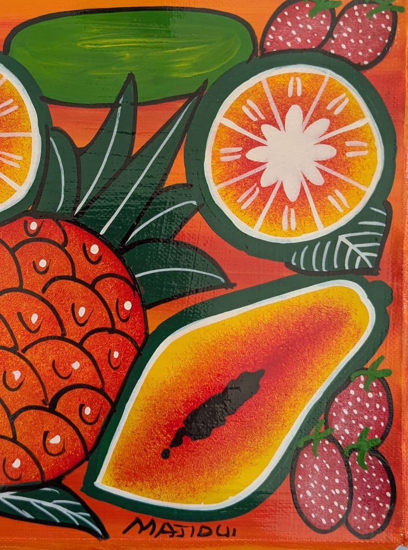 ●アフリカの絵画、ティンガティンガ、マトゥンダ、果物①、20×20cm