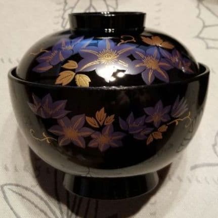 会津塗り　御椀揃　御殿吸椀　辰三作　黒　鉄仙花　10客