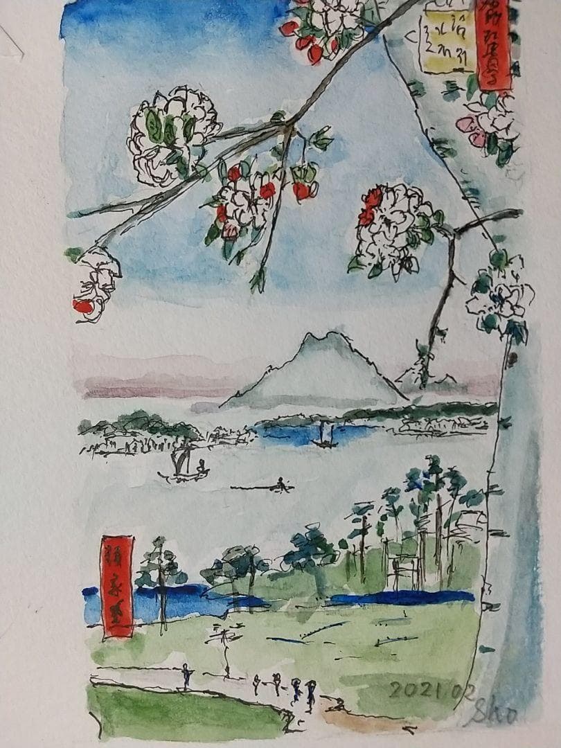 浮世絵　SHO 風景画　北斎　コピー　３枚もの　水彩画