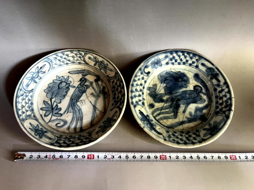 皿■呉須手 南京染付 明時代末期～清時代初期（17世紀頃）砂高台 2枚 青華■
