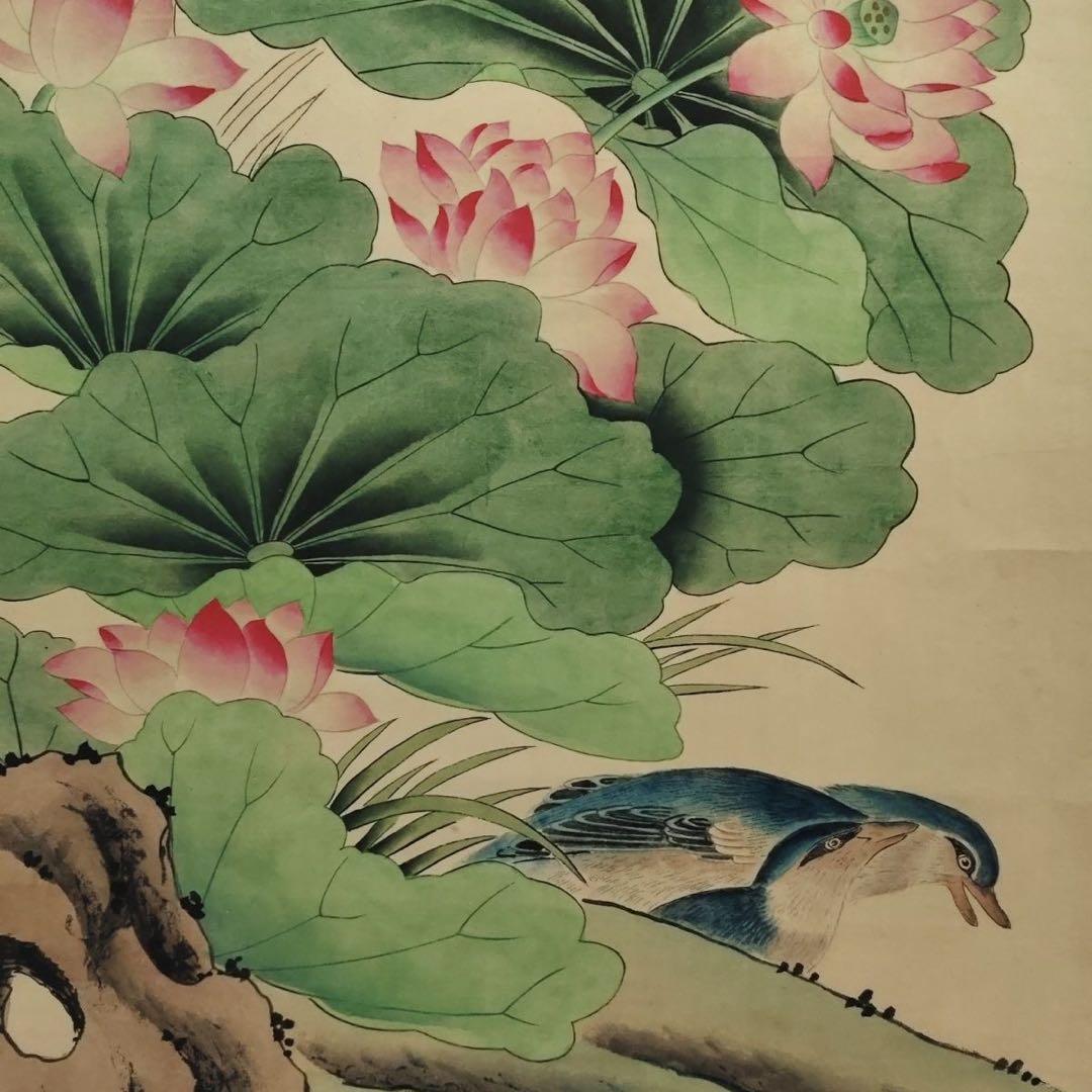 中国掛軸 祝允明 花鳥荷塘図 中堂掛け軸 中国画 花鳥画 宣紙装裱 インテリア