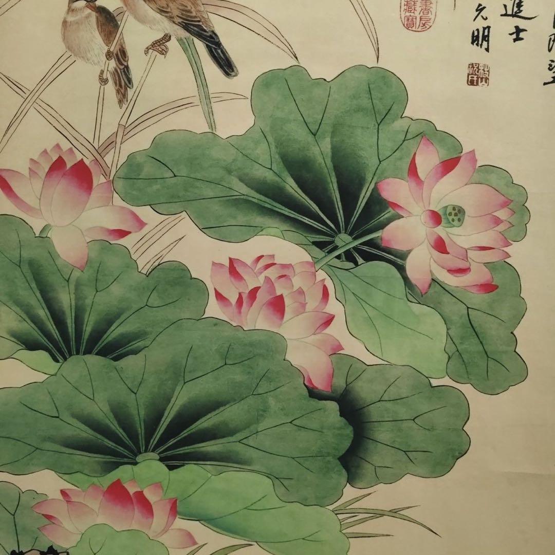 中国掛軸 祝允明 花鳥荷塘図 中堂掛け軸 中国画 花鳥画 宣紙装裱 インテリア