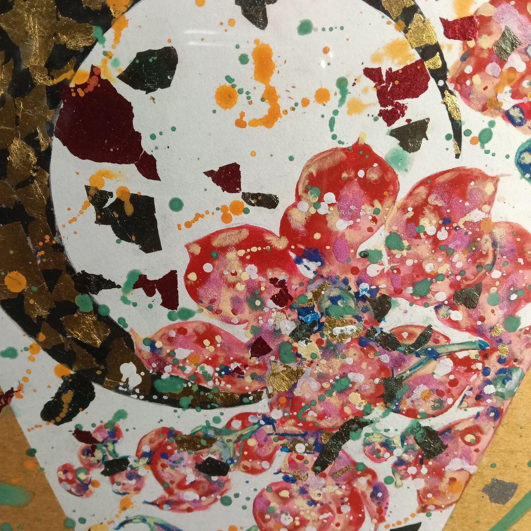日本画　花と月　川上啓介　画伯　原画　額付き色紙
