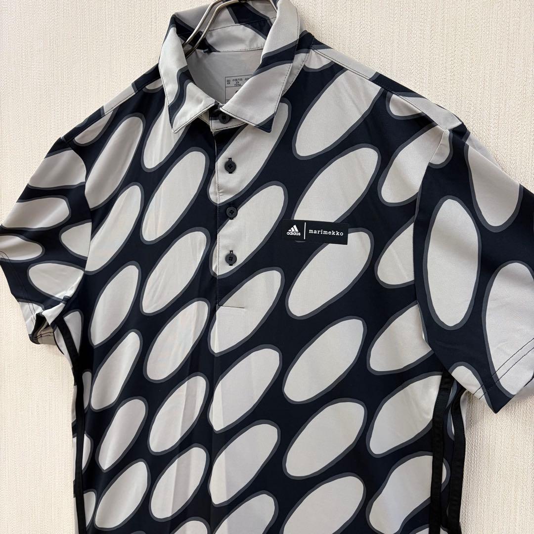 アディダス半袖ポロシャツ 黒 xベージュ総柄サイド3ラインmarimekko