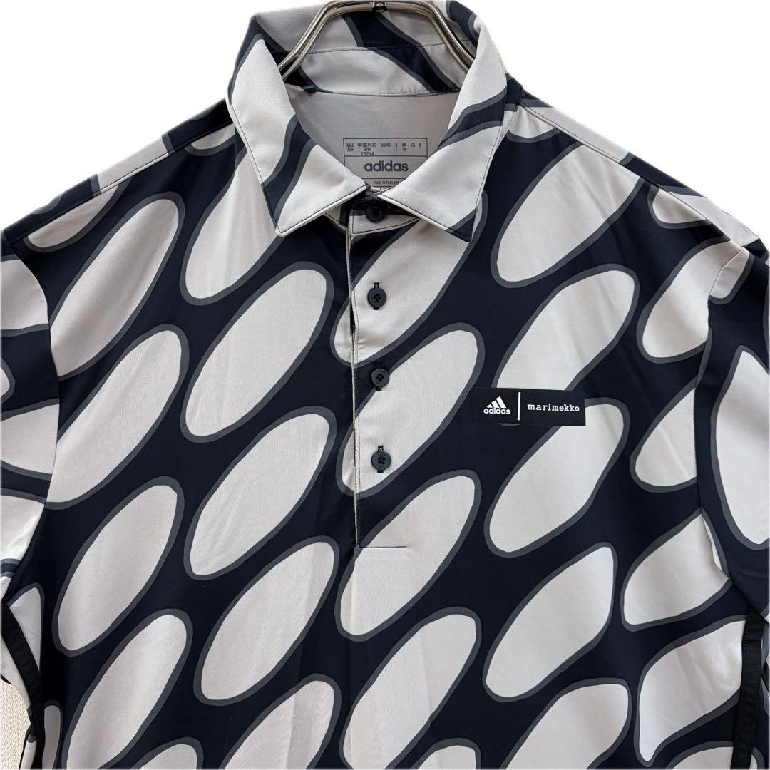 アディダス半袖ポロシャツ 黒 xベージュ総柄サイド3ラインmarimekko