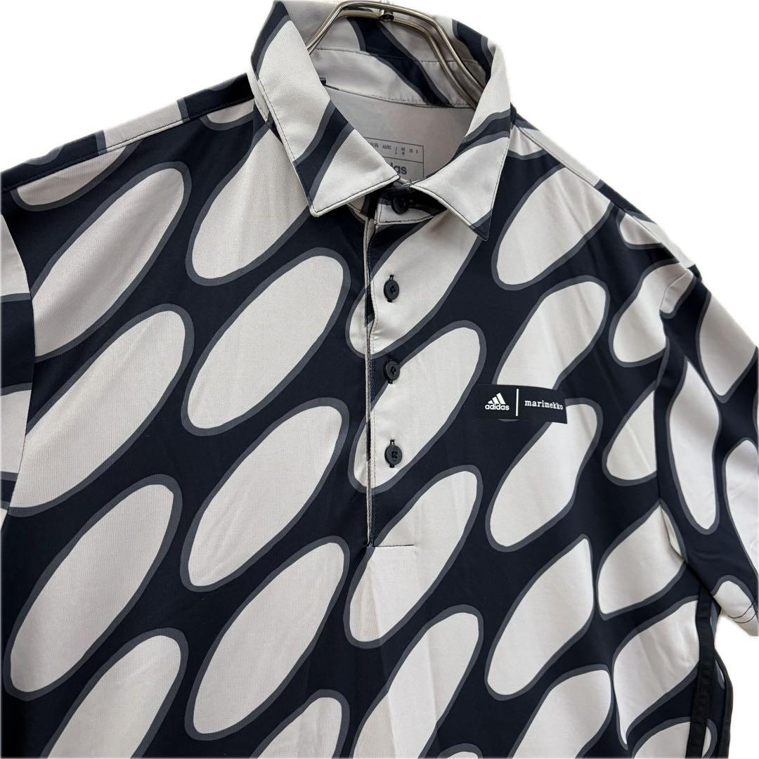 アディダス半袖ポロシャツ 黒 xベージュ総柄サイド3ラインmarimekko