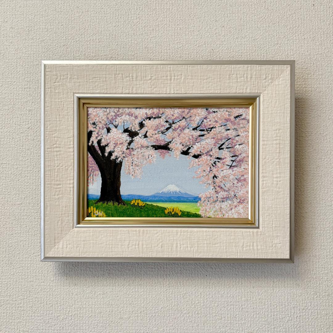 アクリル画　原画　「桜と富士01」額縁付き　SMサイズ　風景画