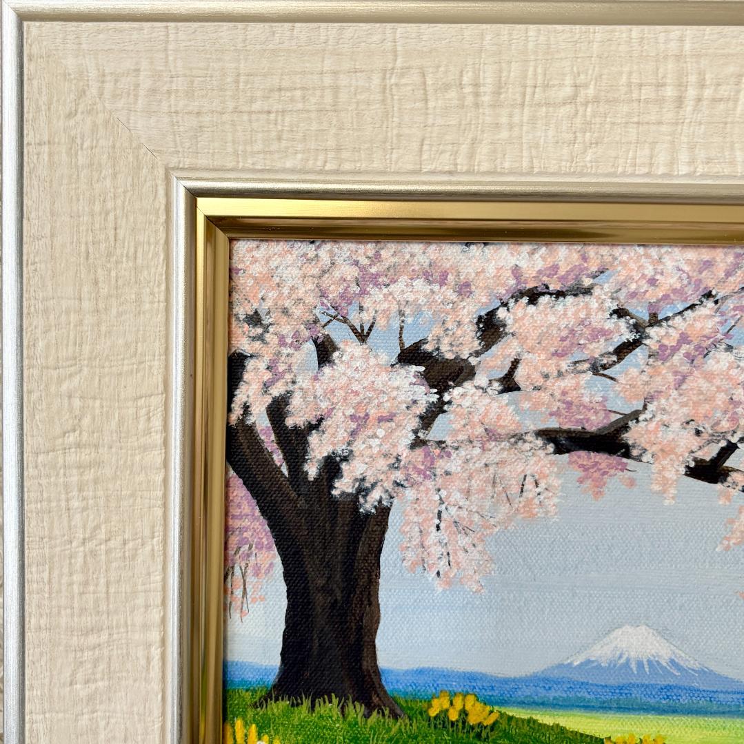 アクリル画　原画　「桜と富士01」額縁付き　SMサイズ　風景画
