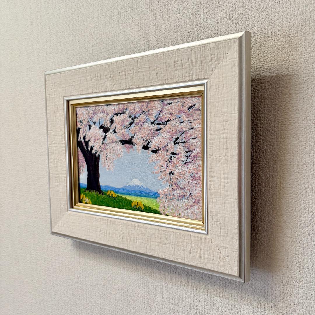 アクリル画　原画　「桜と富士01」額縁付き　SMサイズ　風景画