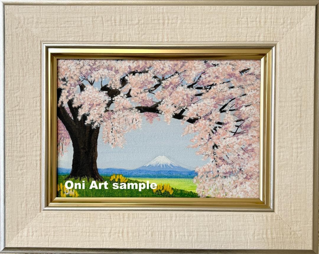 アクリル画　原画　「桜と富士01」額縁付き　SMサイズ　風景画