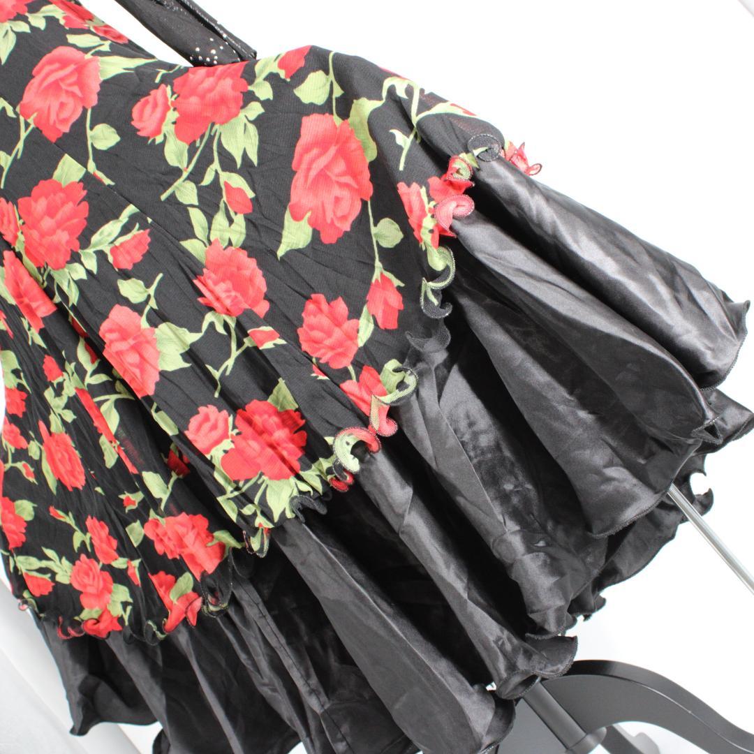 【美品 社交ダンス衣装】ワンピース ドレス 黒 赤 緑 花柄 フラワー