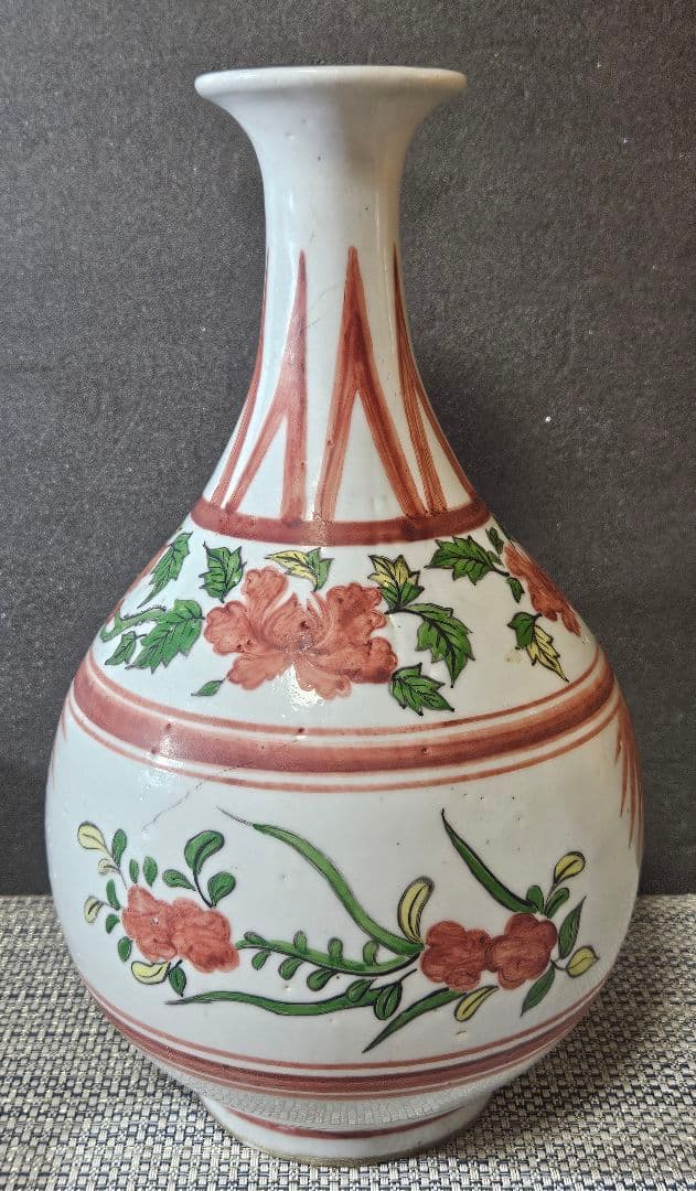 【時代古作品❗】中国古陶磁器　清代～民国期　清朝民窯　色絵　草花の図　大瓶　花入