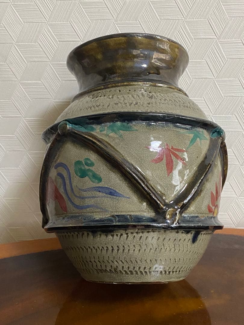 壺屋焼 小橋川永昌　仁王作 赤絵壷　花瓶　沖縄　壷屋三人男