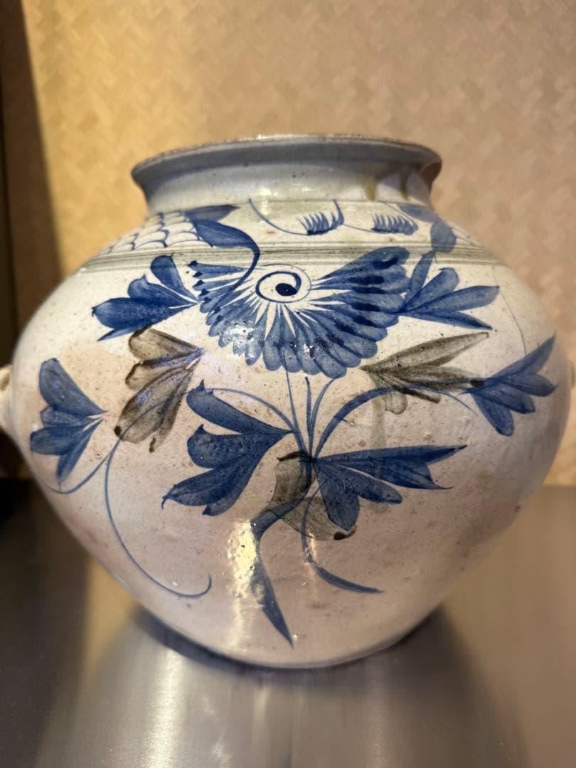 朝鮮美術　李朝　高麗白磁　染付　花文　壺　特大！高麗 白瓷 骨董品 古美術 古玩