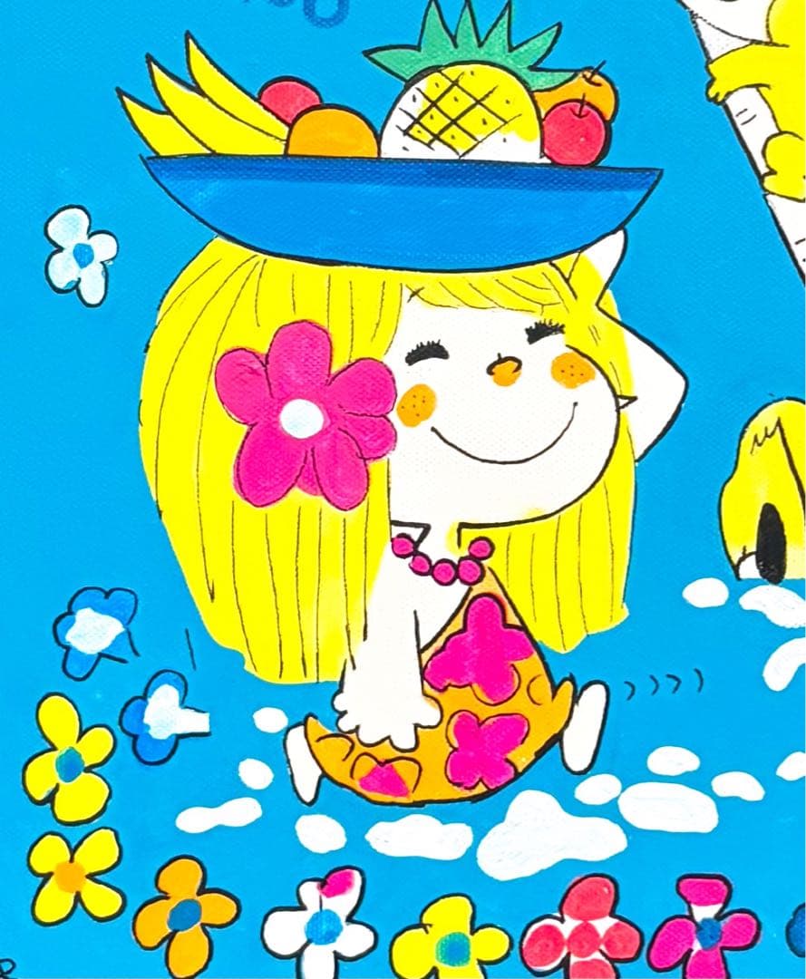 【F4号】手描き作品　水森亜土　額縁　未使用額　サイン　人気作品　女の子　お猿