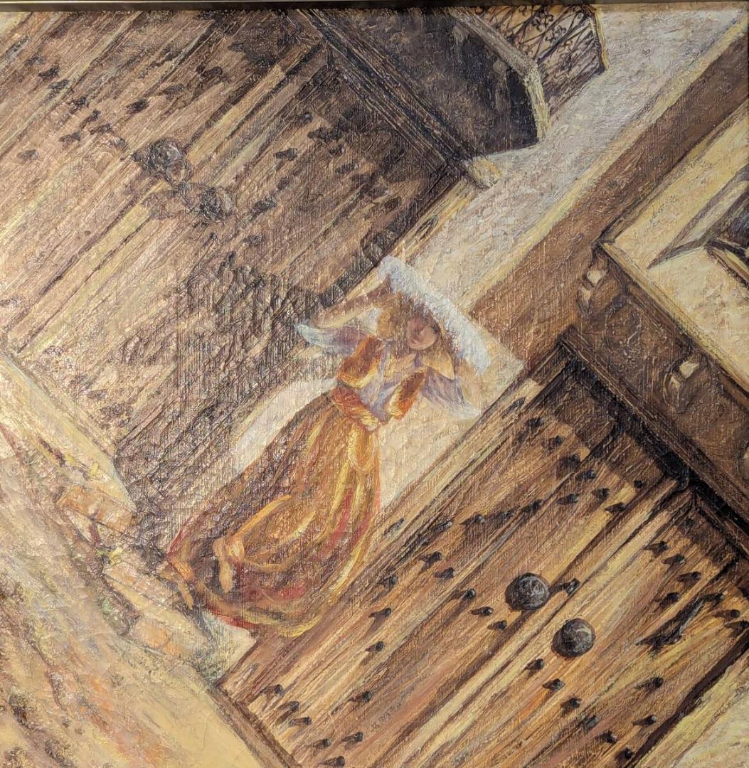 【真作】絵画　油彩　古都の門前　時を纏う女性　麗しき一瞬　過ぎゆく時　Y127