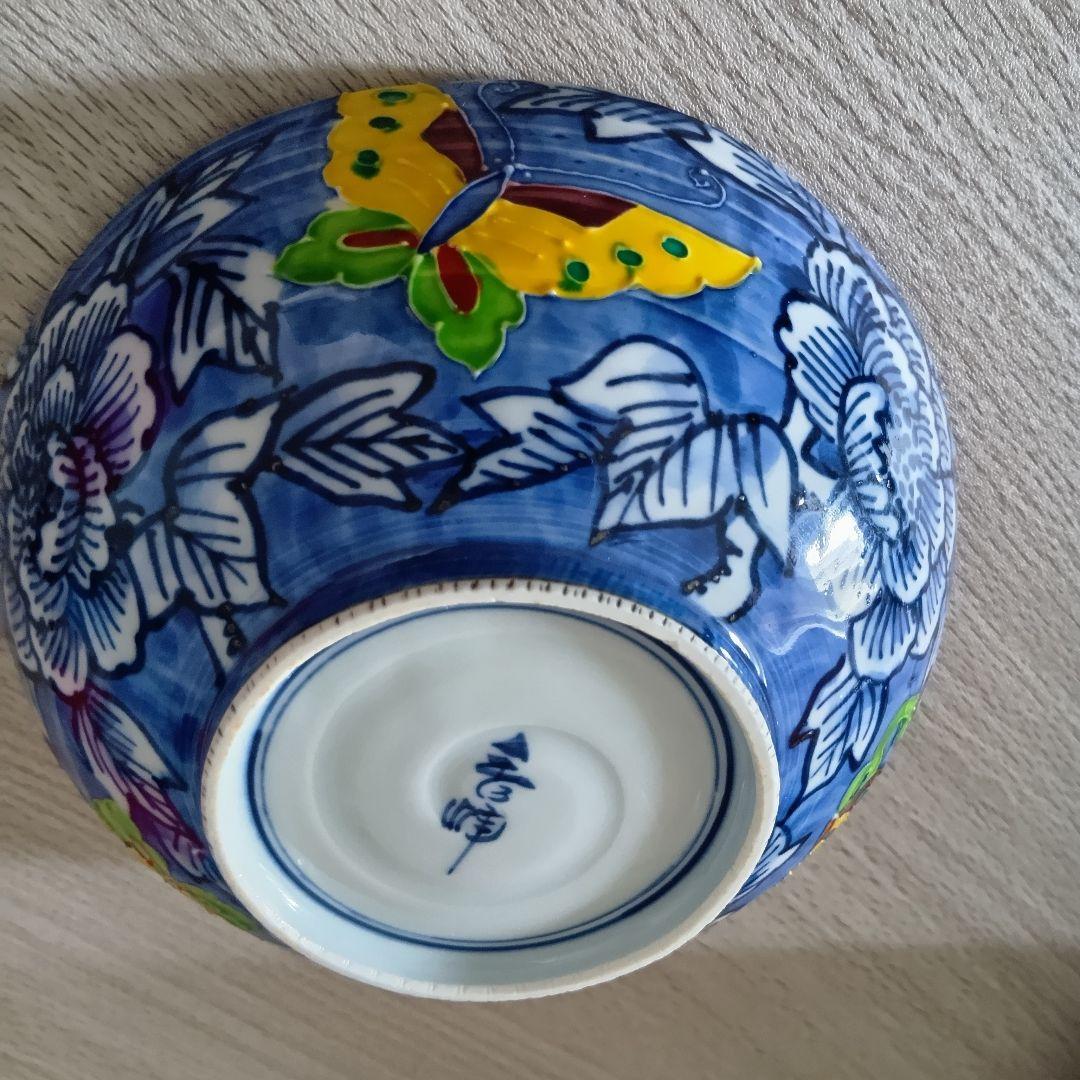 【美品】清水焼・京焼☆秀峰☆中鉢☆青色の牡丹と蝶々