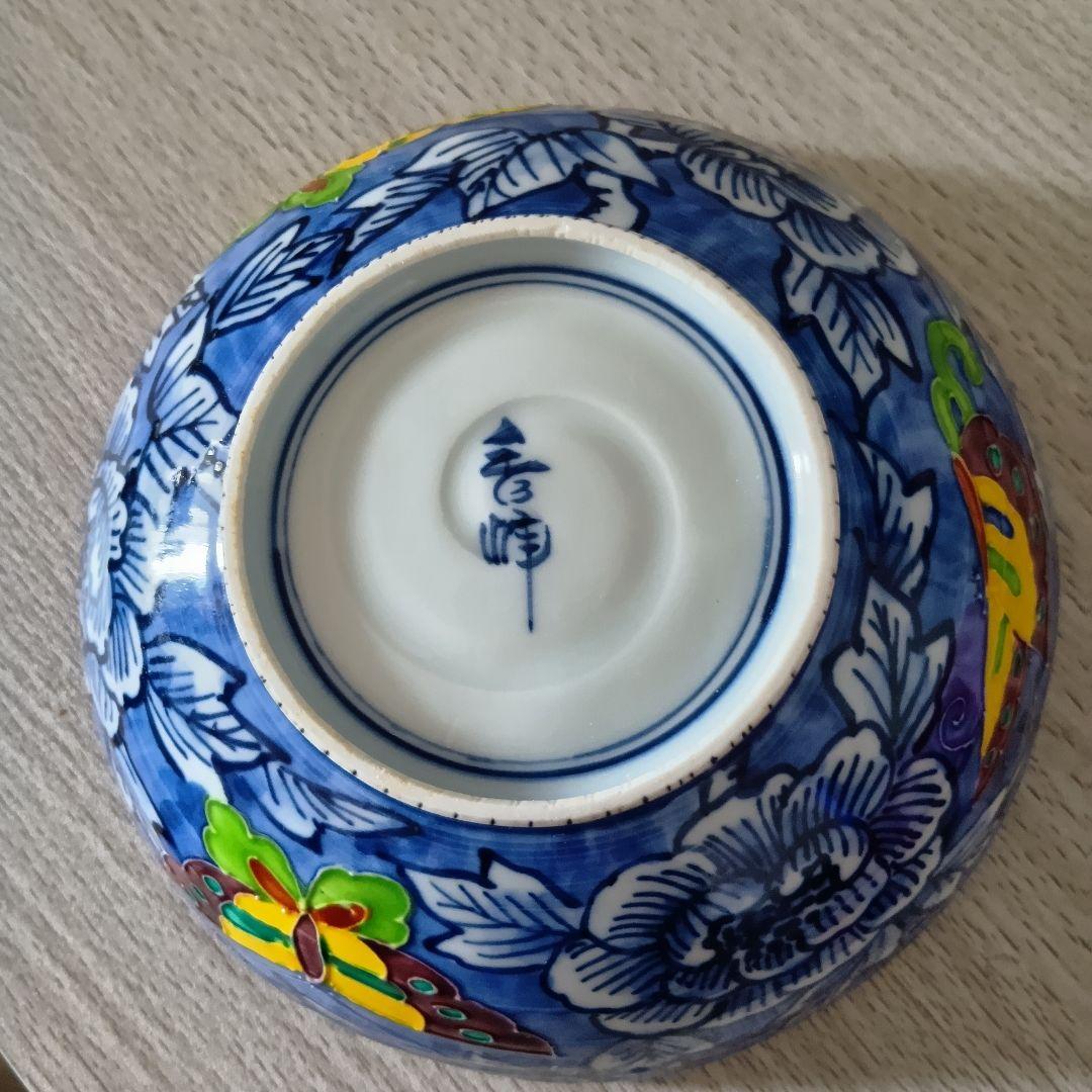 【美品】清水焼・京焼☆秀峰☆中鉢☆青色の牡丹と蝶々