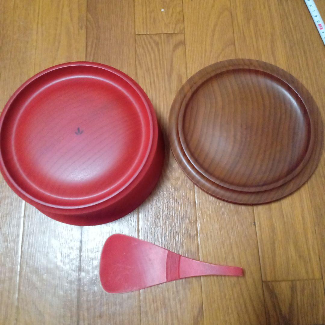 卯之松堂　木製 赤 朱色おひつ しゃもじセット 直径約20cm