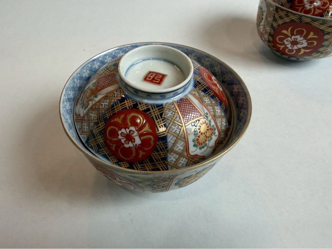 有田焼き　古伊万里　赤茶碗　色絵　5つ　NO.01