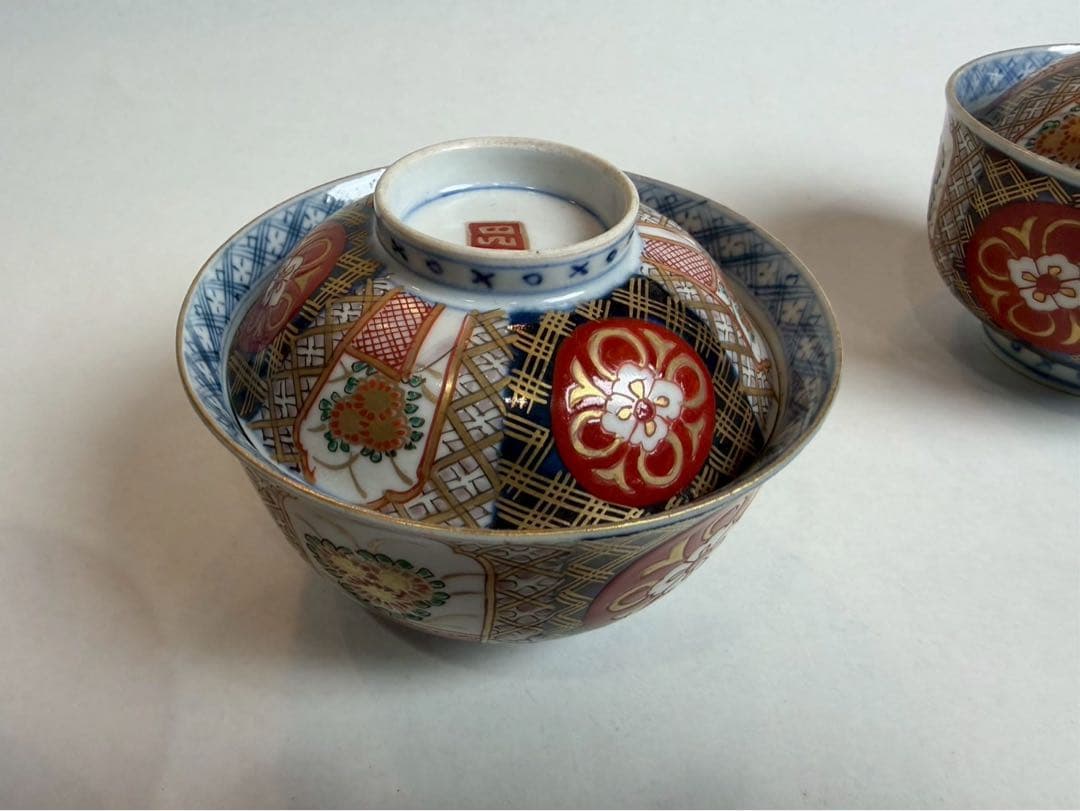 有田焼き　古伊万里　赤茶碗　色絵　5つ　NO.01