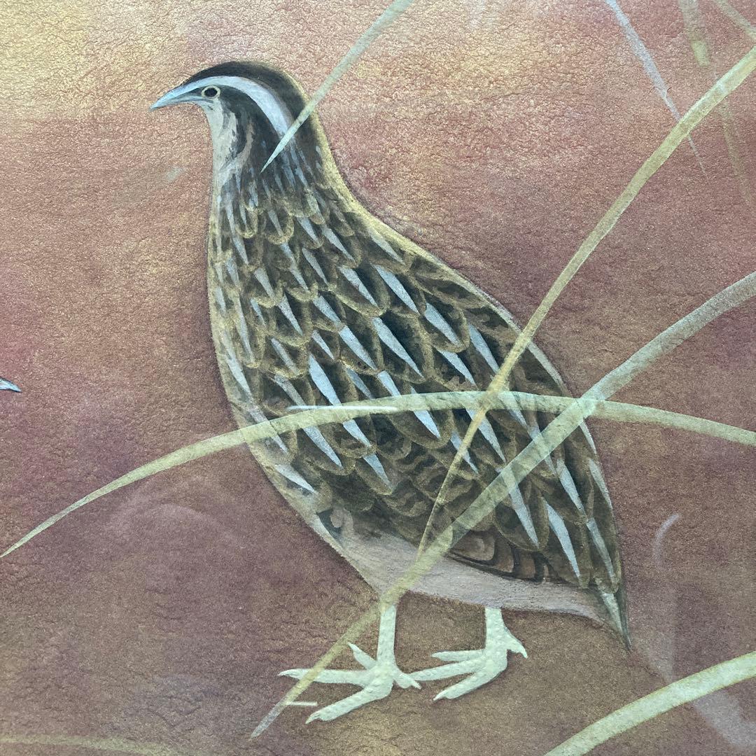 日本画家　河原労夫　題名「鶉」　額縁51.5×60.5絵30.5×39.5cm