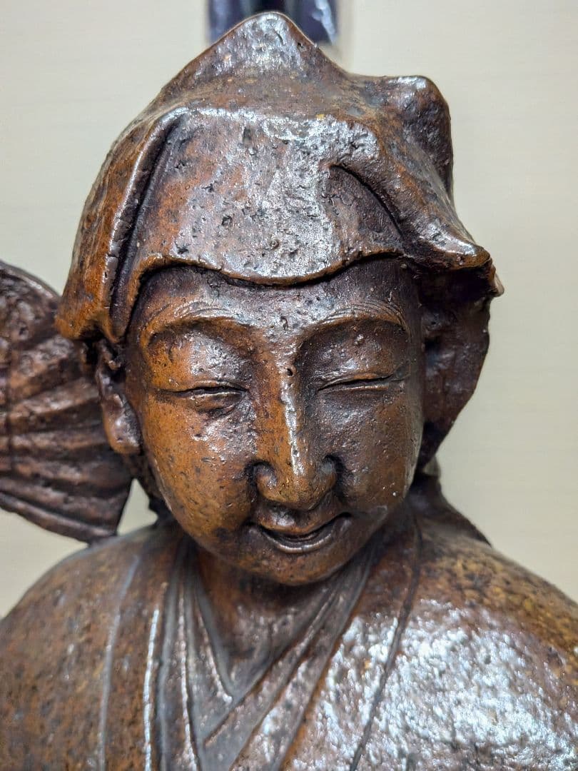 明治～昭和初期 一木作 備前焼 踊る娘像 扇子 陶像 百姓 農家 舞妓 舞姫