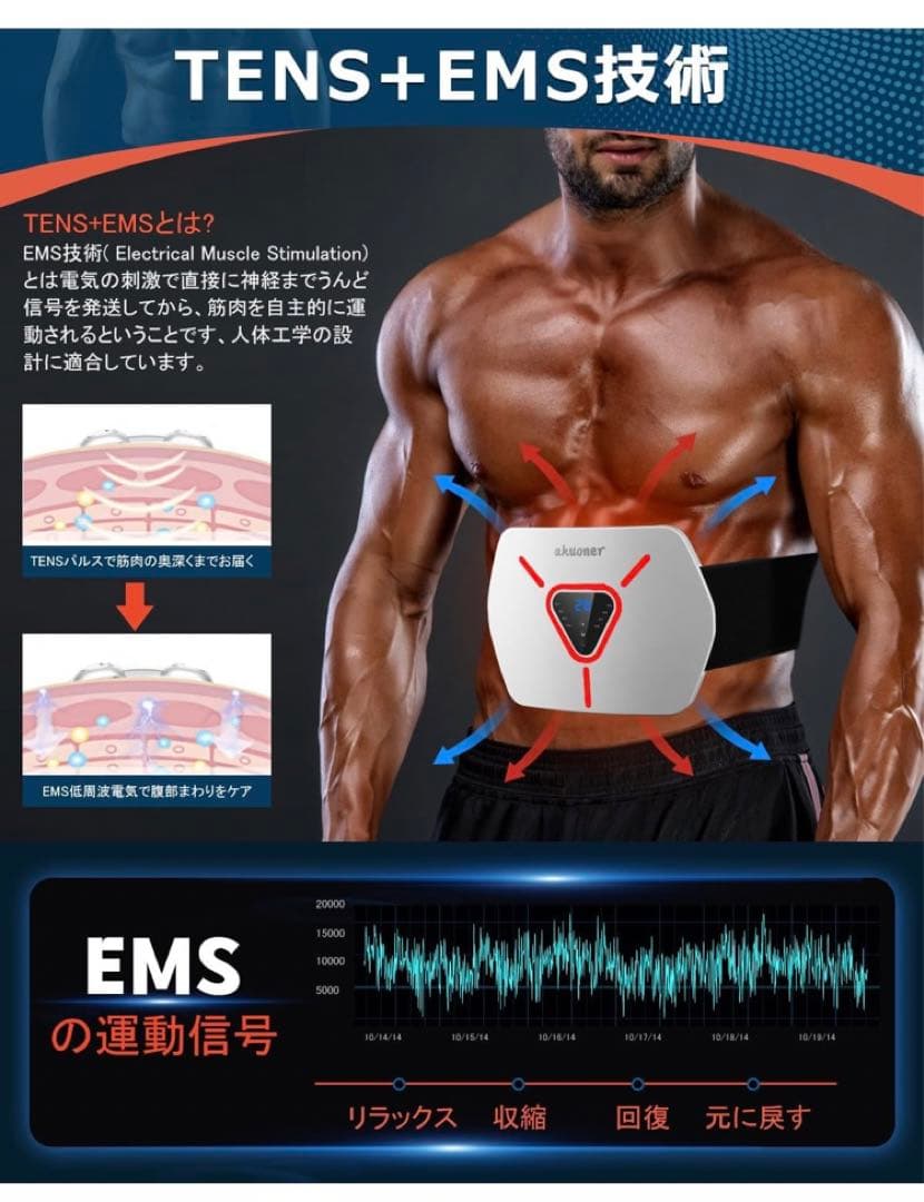 EMS腹筋ベルト ジェルシート不要 6腹筋パッド 8種類モード USB充電式