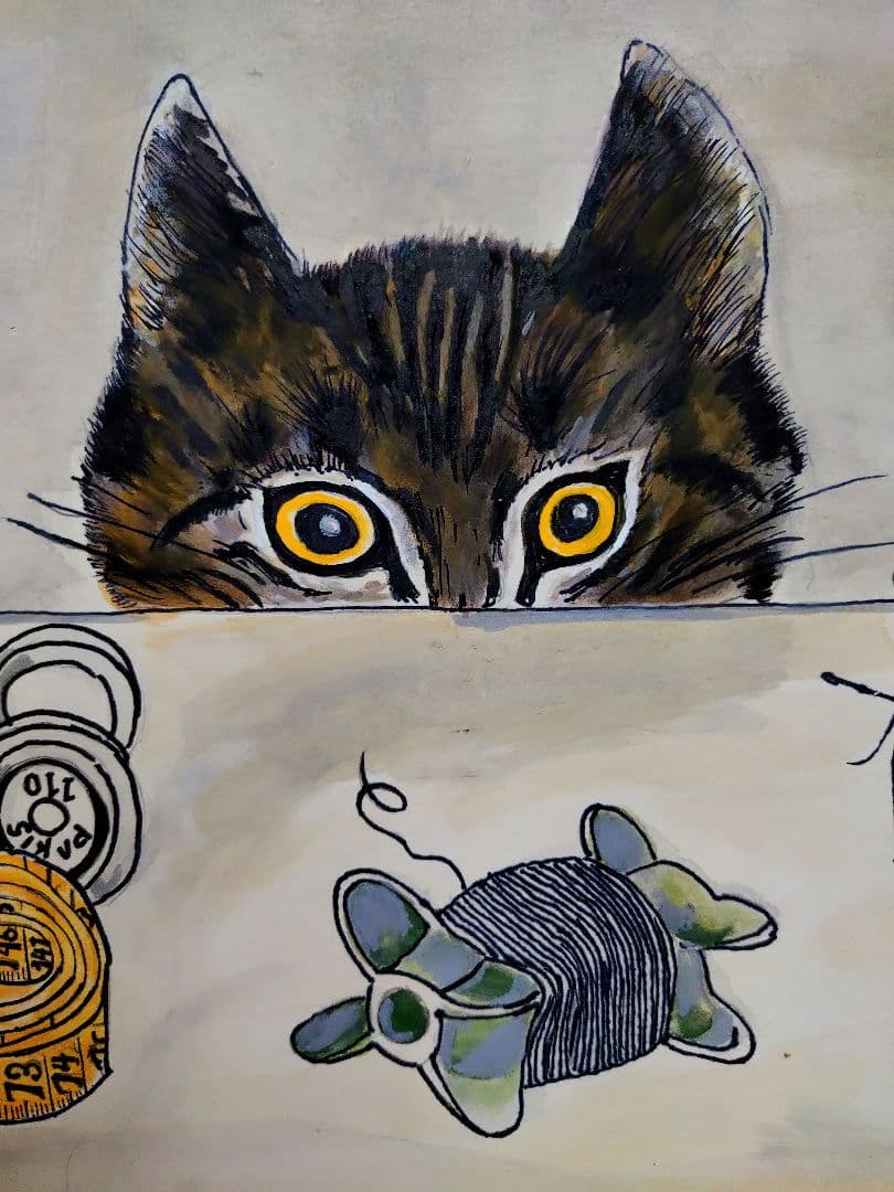 【F6号】藤田嗣治【仕立て屋の猫】手描き/表裏サイン・鑑定書有/油彩/水彩/額縁