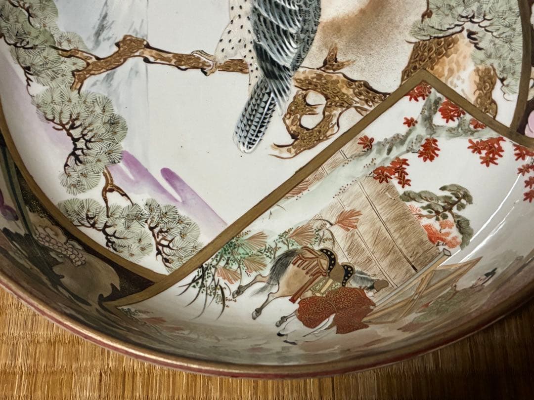古九谷 九谷焼 鷹・龍・人物 金彩 色絵 大鉢 深鉢【九谷焼石田製】 時代物