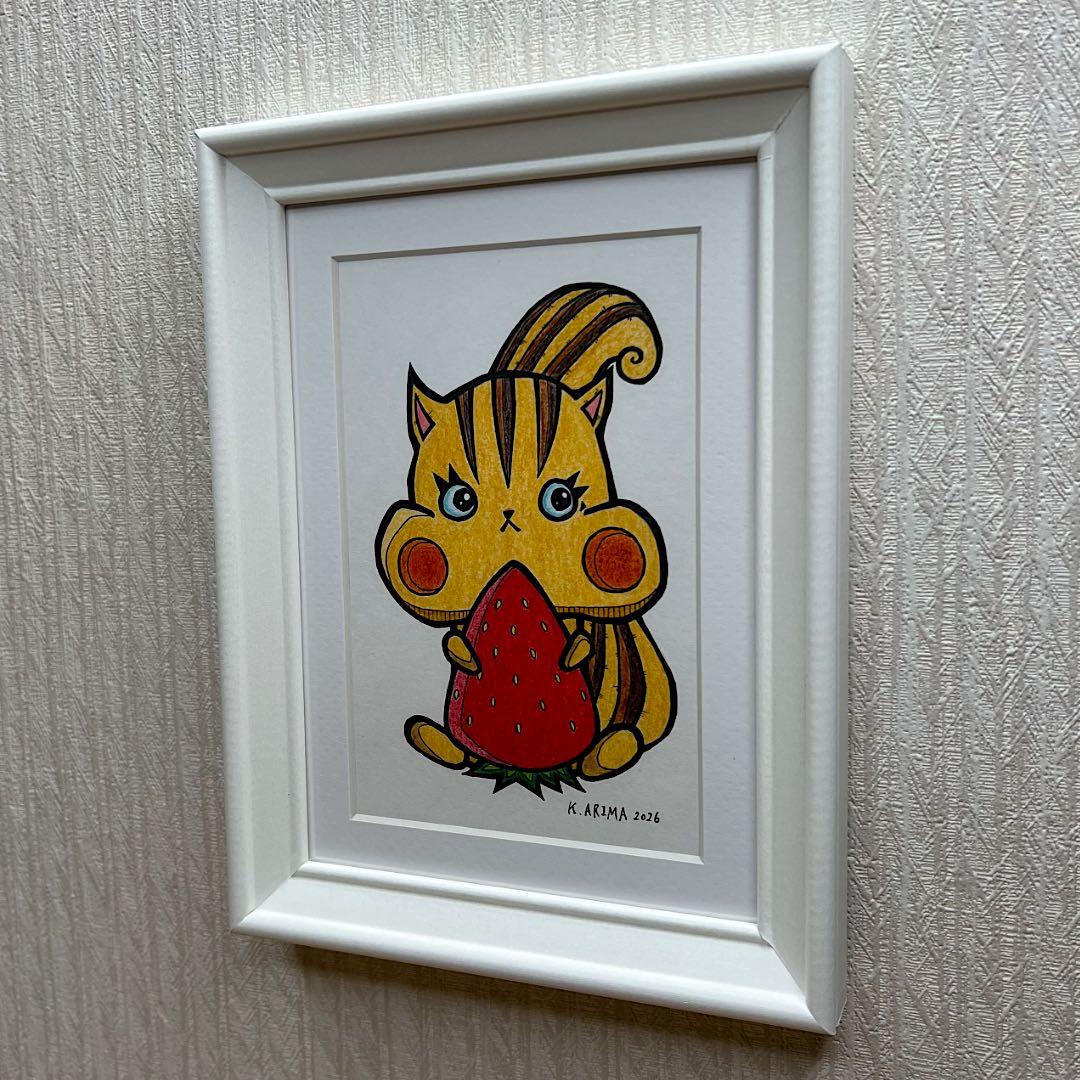 動物 原画 絵 手描き 癒し リス アート 一点物 額縁付き『赤い宝石』