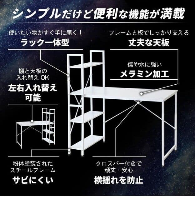パソコンデスク PCデスク 幅115cm 奥行48cmラック付き ホワイト