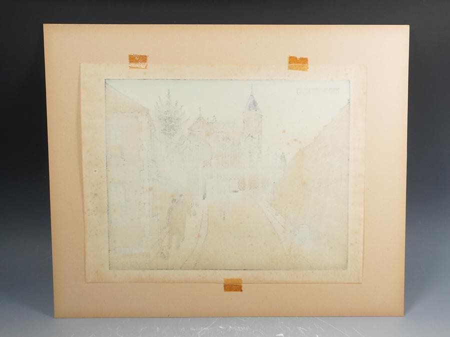 奥山儀八郎 版画作品『三田慶応義塾』 額入り