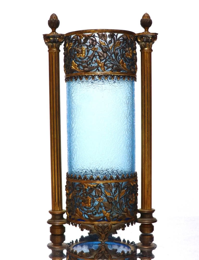 オールド・バカラ 美術館級 30.5cm 大型ブロンズ装飾建築様式 花瓶 青硝子