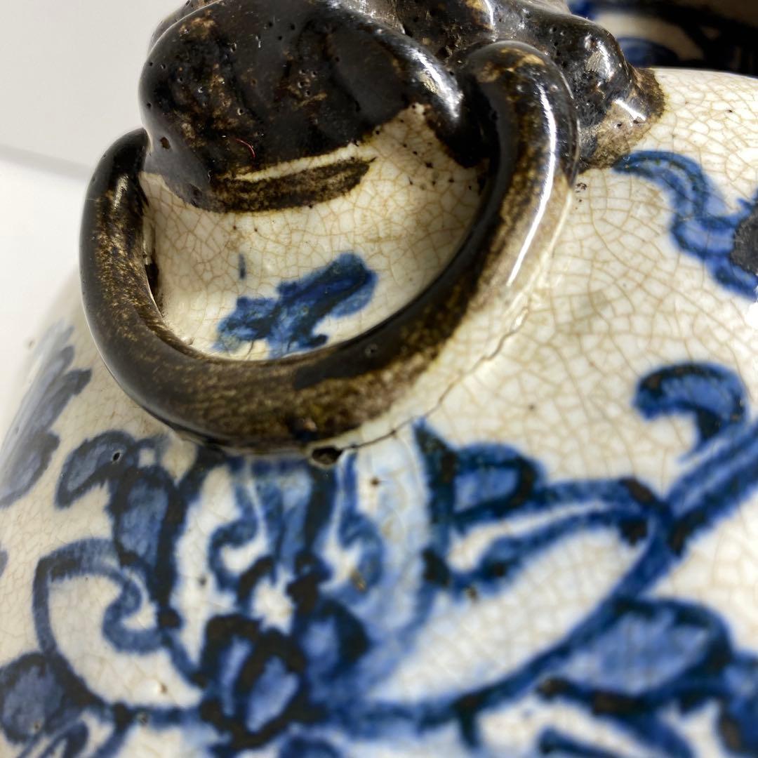 江戸後期　犬山焼　染付　獅子耳　花瓶　h26cm 東K7-1207② タエオ
