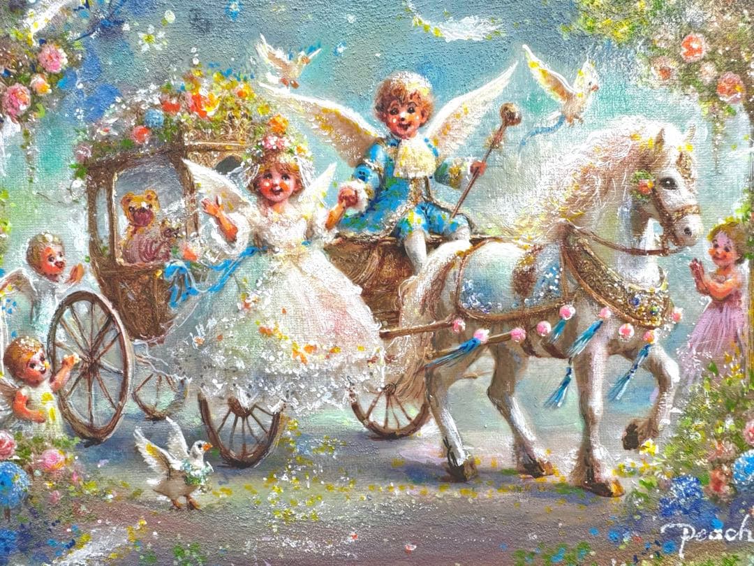 絵画原画（羽ふんわりと光の祝福）天使の明るい馬車の絵