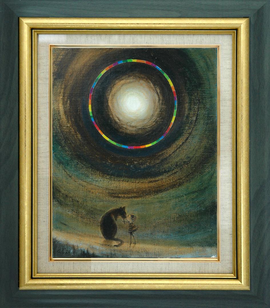 油絵 菅家令子 絵 絵画インテリア額付(銀) F3-051821祈り犬猫 女の子