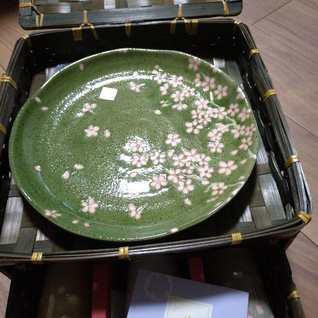 新品未開封　前畑陶器☆竹久夢二　大皿＆フリーカップ6客セット　カゴ付き