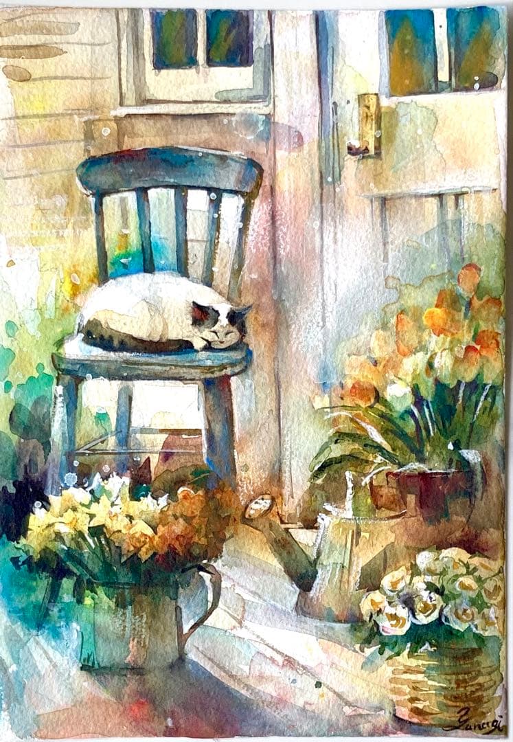 水彩画 原画 椅子で眠る猫
