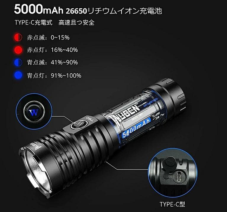 WUBEN T70 4200LM Type-C充電式 防水 PSE認証済電池付き