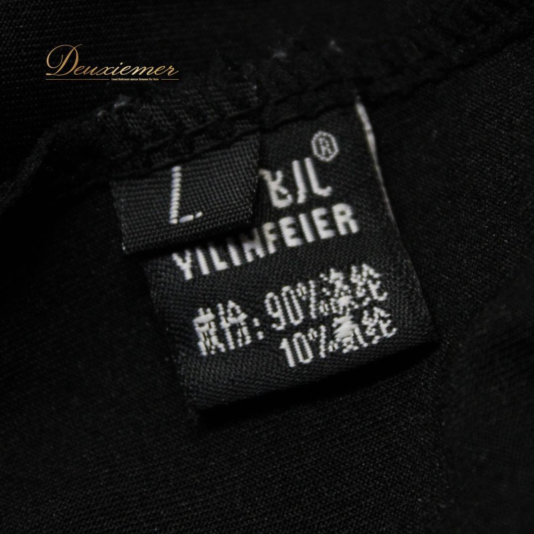 【美品 社交ダンス衣装】ワンピース ドレス 黒 金 半袖 Vネック シンプル