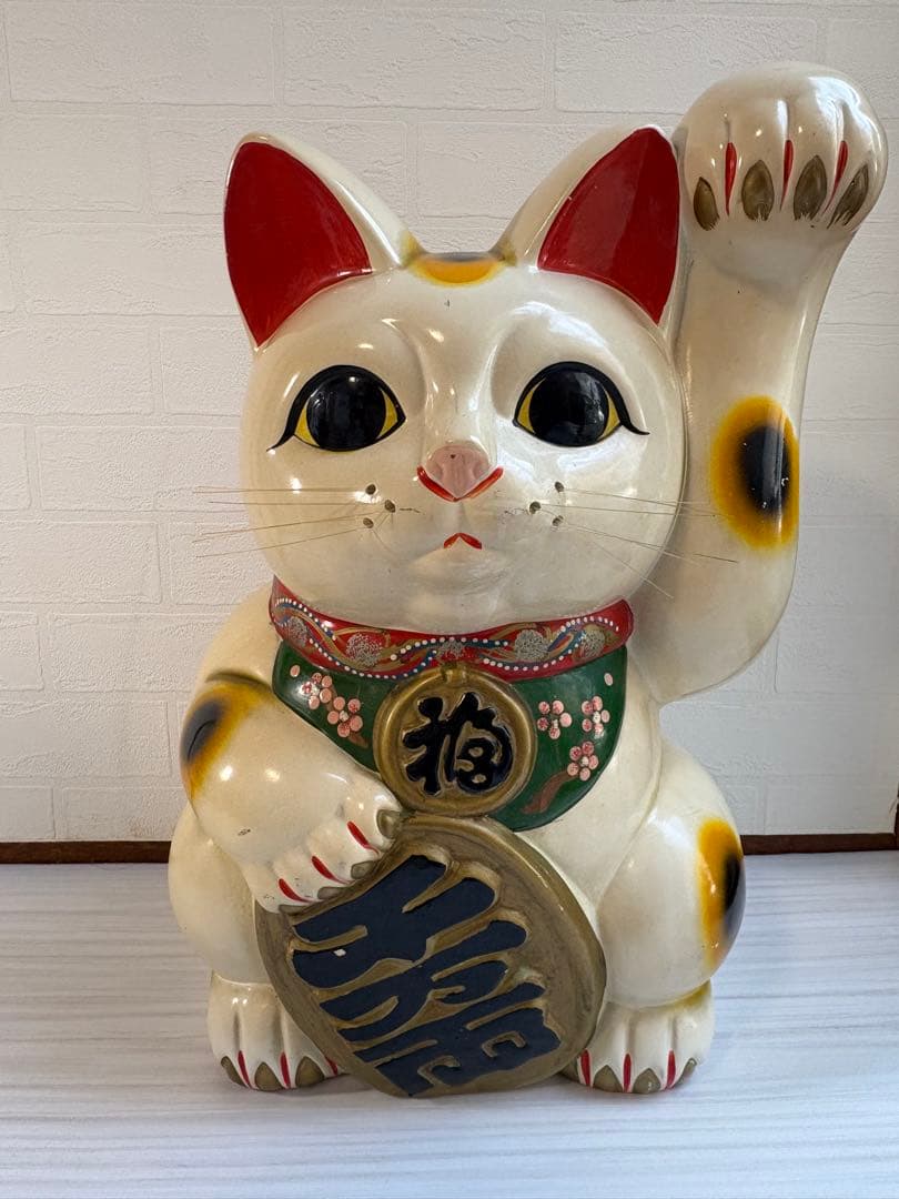 陶器 招き猫 約43cm 左手挙げ 昭和レトロ