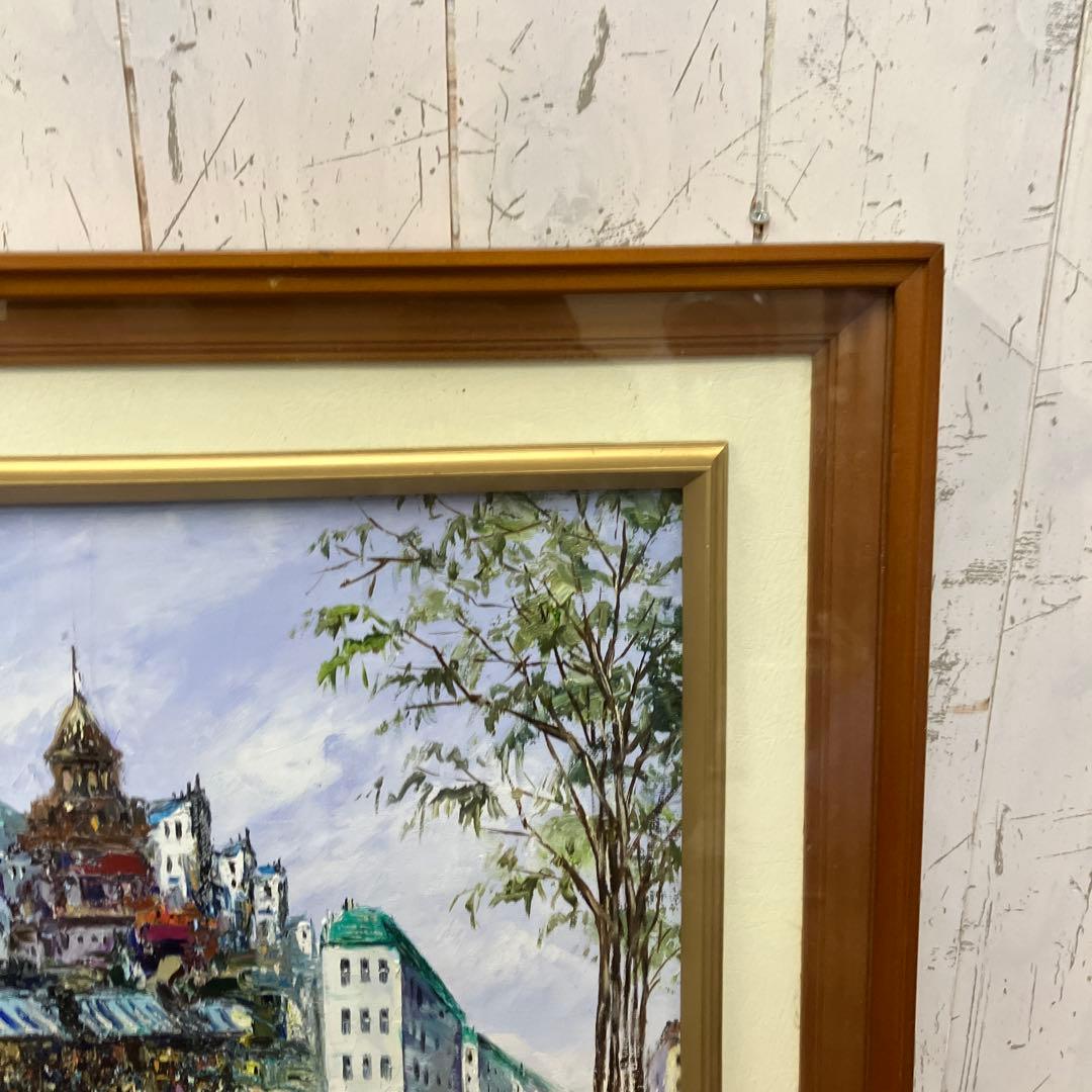 昭和レトロ 油絵 絵画 油彩画 風景画 街並み 雨の日 額装 額入り 額縁 作品