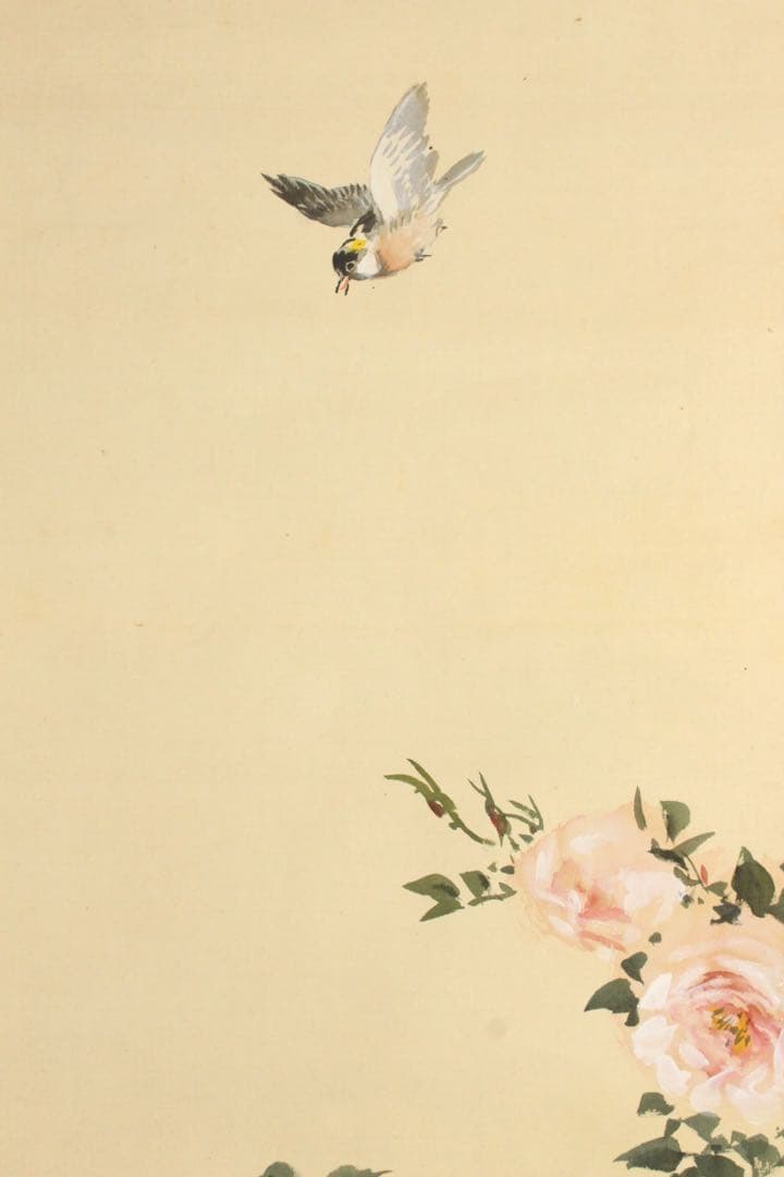 No5913 掛軸　在銘　幸野西湖　「薔薇に雀」　花鳥図　着色絹本　送料無料