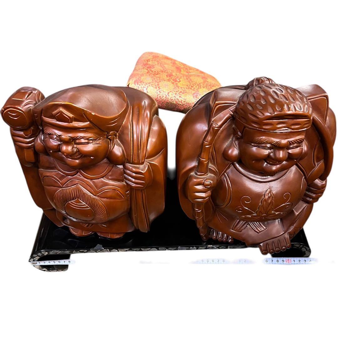 木製 恵比寿 大黒天 七福神 商売繁盛 縁起物 台座付き 黒漆 螺鈿入り