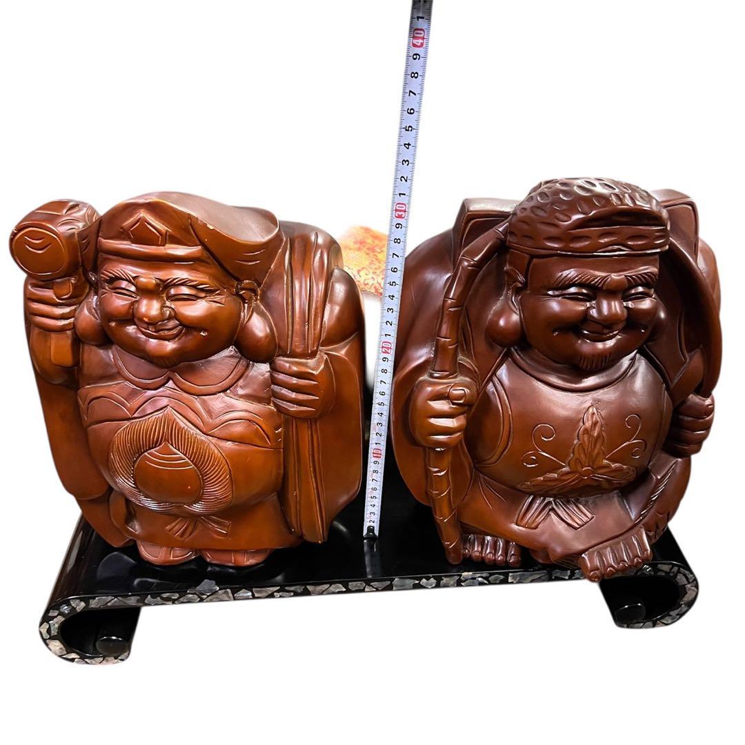 木製 恵比寿 大黒天 七福神 商売繁盛 縁起物 台座付き 黒漆 螺鈿入り