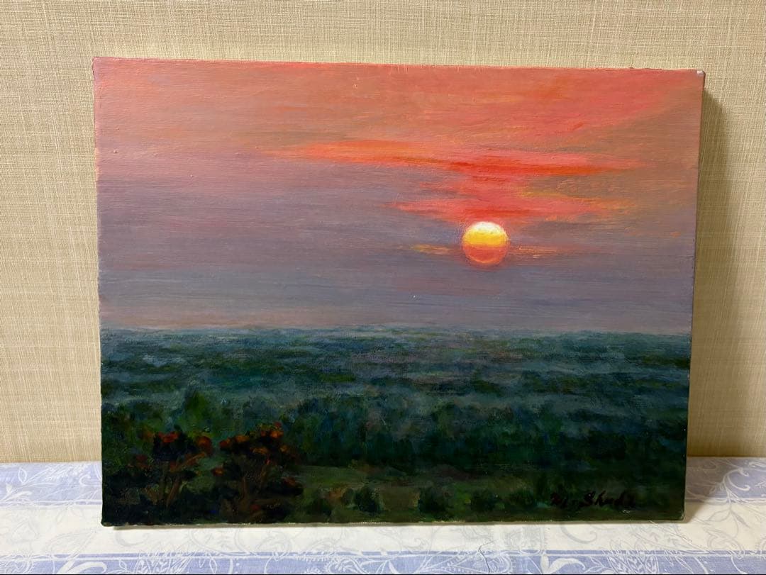 油彩原画 カンボジアの森の夕日　F 6号