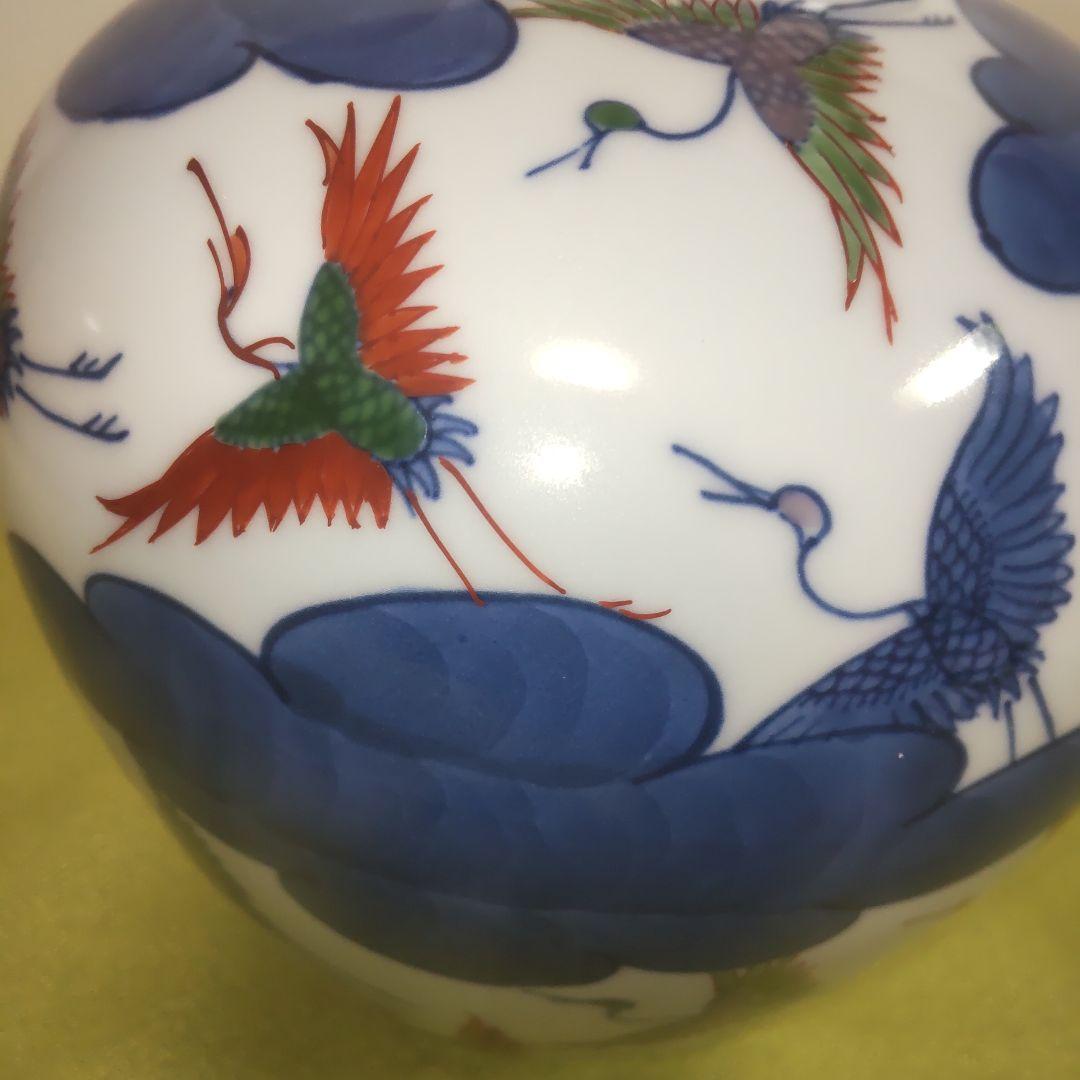 源右衛門 ゲンエモン 染錦 鶴 鳥 ツル 花瓶 雲 雲 染付 手描き